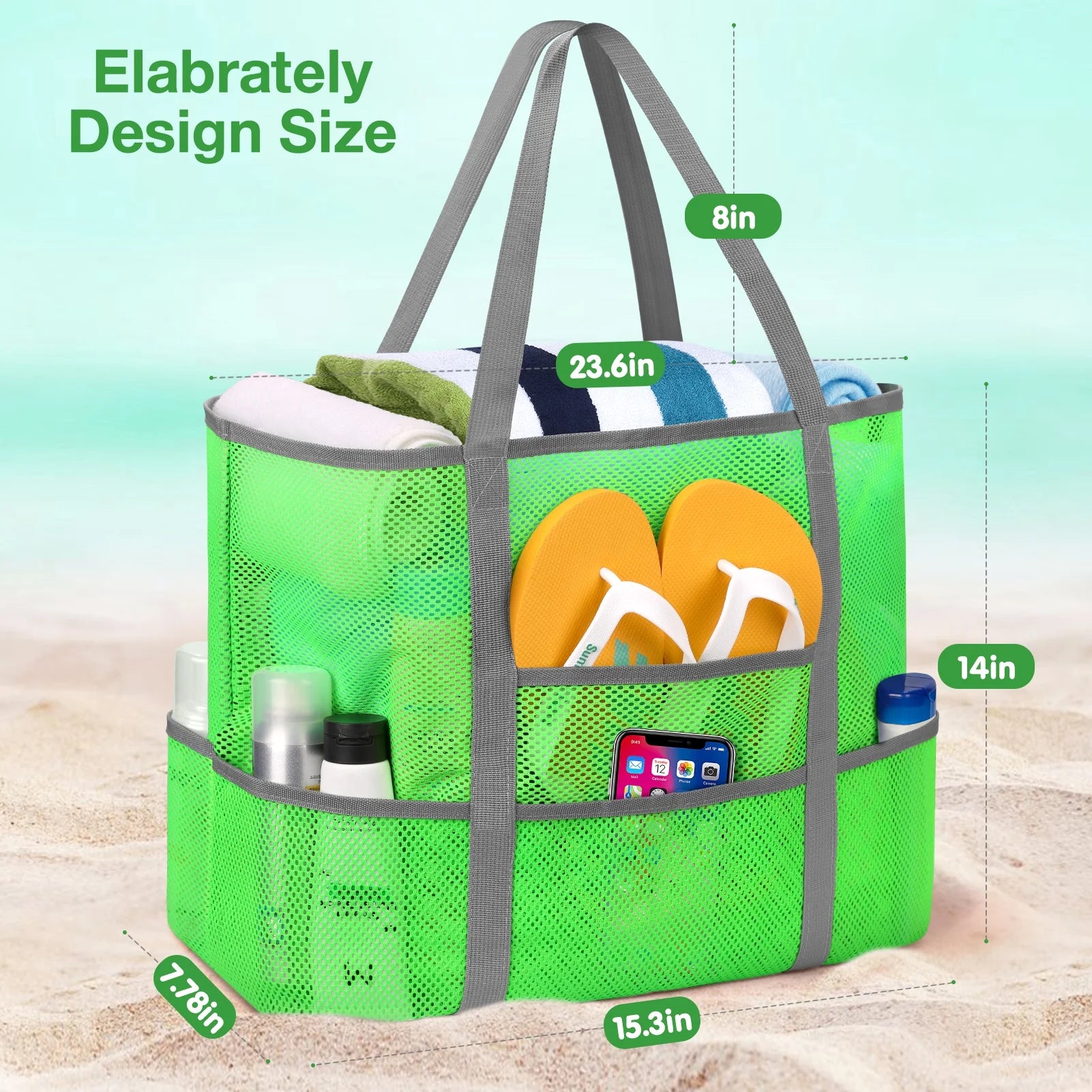 Mesh Beach Bag Rope Handles, Mesh Tote Bag for Women Contains Wicker Oversized Beach Tote Bag with 9 Small Pockets